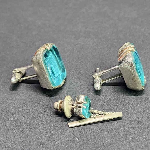 Vintage Swank Cufflinks Arc De Triomphe Aqua Blue Silver-tone SET - Picture 9 of 11